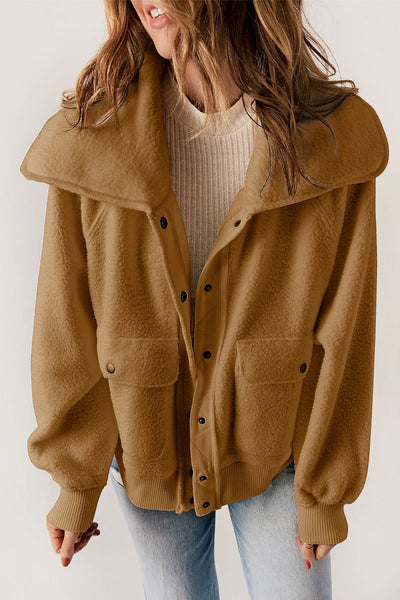 Women's Camel Sherpa Fleece Bomber Jacket with Oversized Shawl Collar