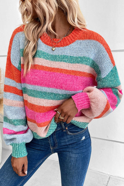 Cozy Women's Multicolor Striped Knit Sweater with Drop Shoulders and Puff Sleeves - Chic Casual Style for All Seasons