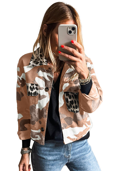 Trendy Women's Orange Camo Leopard Print Crop Jacket with Flap Pockets Stylish Casual Outerwear for Effortless Chic