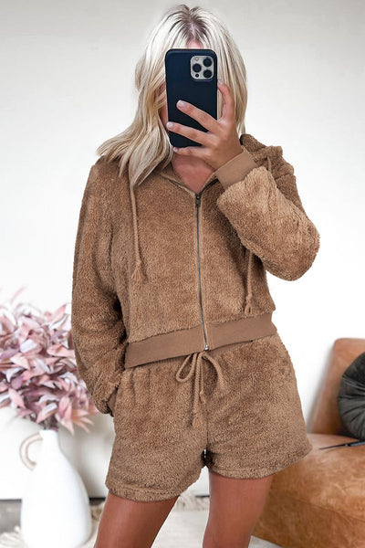 Soft Beige Women's Sherpa Hoodie and Shorts Set - Casual Chic Loungewear for Ultimate Comfort and Style