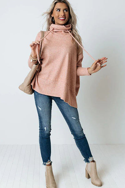 Stylish Apricot Pink Oversized Cowl Neck Knit Top for Women with Side Slits and Cozy Drawstring Detail