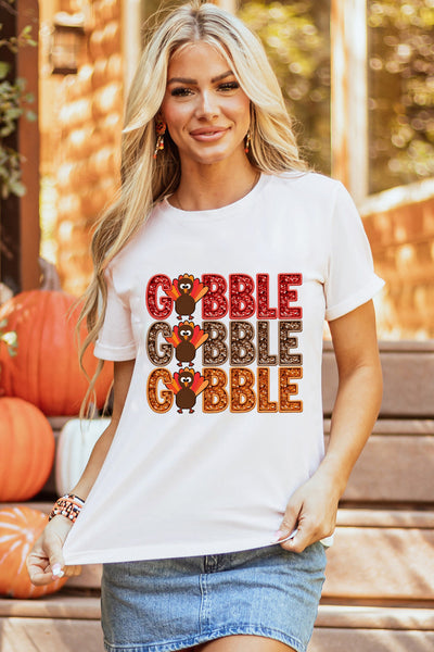Women's Festive Turkey 'Gobble' Graphic Tee in White Cotton Blend