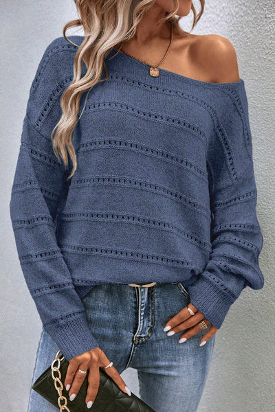 Cozy Women's Real Teal Boat Neck Sweater with Drop Shoulders & Pointelle Knit for Chic Fall Fashion