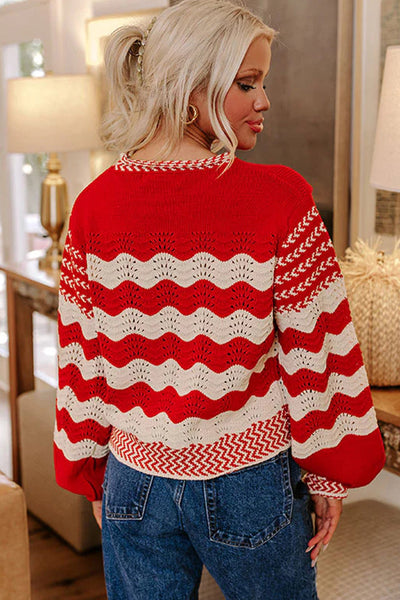 Elegant Women's Black and White Stripe Pointelle Knit Sweater with Puff Sleeves and Contrast Trim for Effortless Style