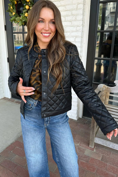 Stylish Women's Black Quilted Faux Leather Winter Jacket with Snap Buttons - Cozy Outerwear for Cold Weather Fashion