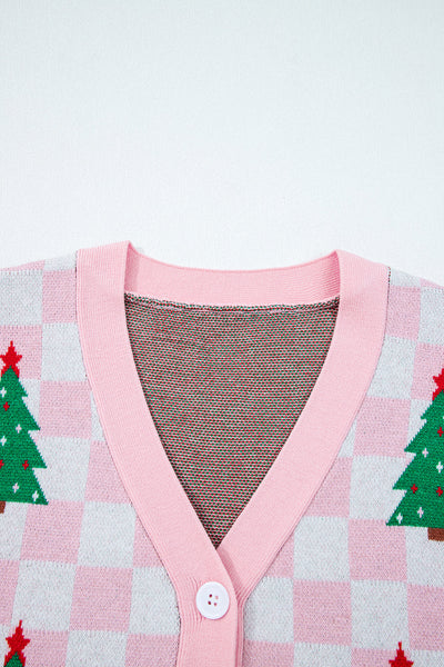 Cozy Women's Pink Checkered V-Neck Cardigan Sweater for Festive Holiday Outfits and Christmas Cheer