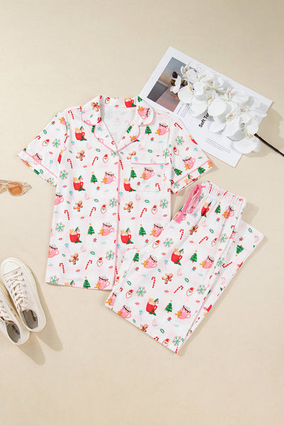 Cozy Pink Christmas Pajama Set for Women - Cute Short Sleeve Top & Pants, Festive Holiday Sleepwear for Ultimate Comfort