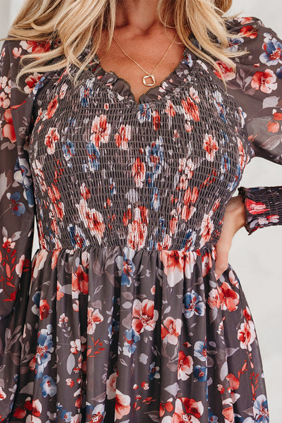 Women's Floral Smocked Bodice Mini Dress with Long Sheer Sleeves