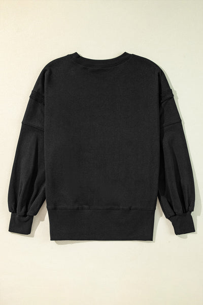 Women's Black Drop Shoulder Sweatshirt with Exposed Seams and Side Slits - Casual, Cozy Fit for Everyday Style