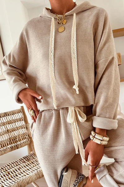Women's Leopard Print Lace Drawstring Hoodie and High-Waisted Corduroy Pants Set - Trendy Casual Outfit for Fall