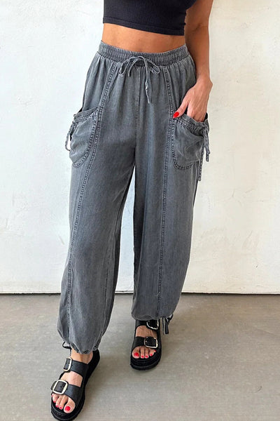 Stylish Medium Grey Denim Joggers for Women with Drawstring, Elastic Waist, Pockets, and Trendy Knot Hem