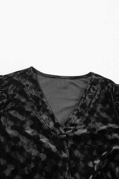 Chic Women's Black Velvet Mini Dress with Textured V-Neck and Fashionable Balloon Sleeves for Effortless Style