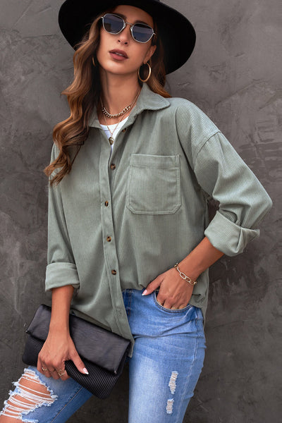 Women's Casual Gray Corduroy Button-Up Shirt with Pockets - Chic Everyday Fit for Comfort and Style
