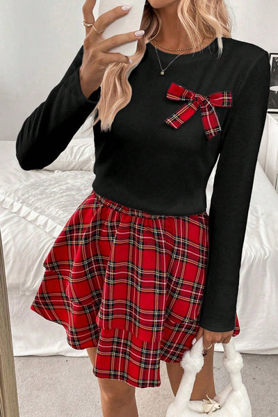 Chic Women's Red Plaid Long Sleeve Top and Ruffle Mini Skirt Set Trendy 2-Piece Outfit for Effortless Style