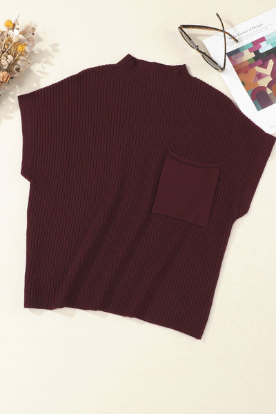 Women's Mineral Red Ribbed Knit Short Sleeve Sweater with Patch Pockets - Stylish and Comfortable Casual Top