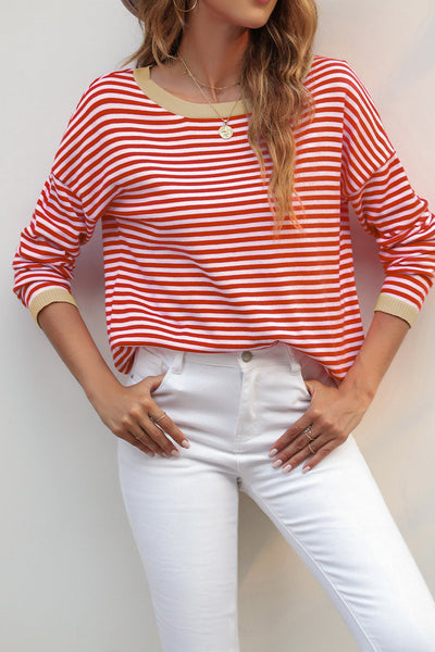 Trendy Women's Fiery Red Striped Drop Shoulder Sweater with Contrast Trim and Relaxed Fit for Effortless Style