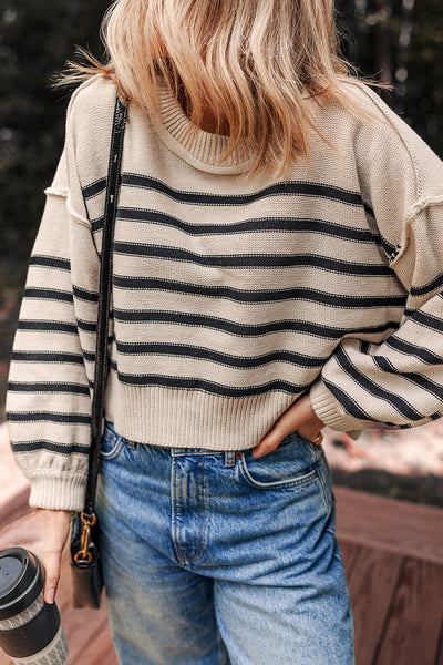 Cozy Women's Black Striped Puff Sleeve Sweater with Drop Shoulders - Trendy Ribbed Knitwear for Fall Fashion