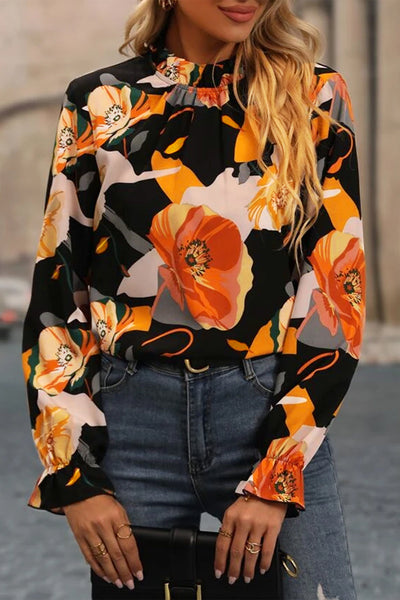 Elegant Women's Black Floral Mock Neck Blouse - Trendy Fit for Day or Night, Perfect for Any Occasion
