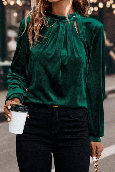 Chic Women's Evergreen Velvet Long Sleeve Blouse with Asymmetric Button Keyhole Neckline for Effortless Style