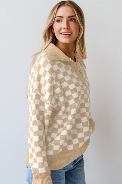 Cozy Women's Apricot Checkered V-Neck Sweater with Button Details & Drop Shoulder for Effortless Style