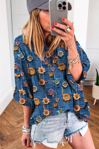 Women's Relaxed Fit Blue Floral Print Blouse - Stylish Short Sleeve Summer Top for Casual Outings and Everyday Wear