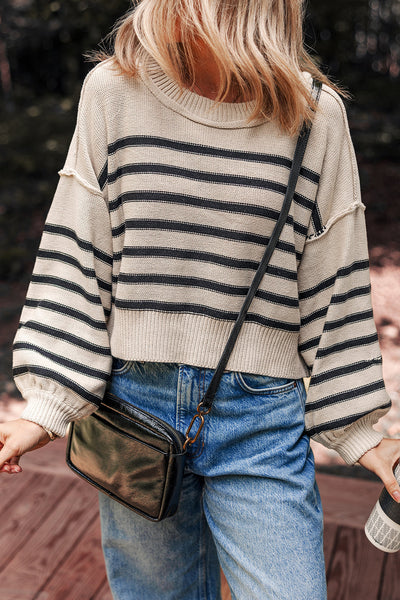 Cozy Women's Black Striped Puff Sleeve Sweater with Drop Shoulders - Trendy Ribbed Knitwear for Fall Fashion