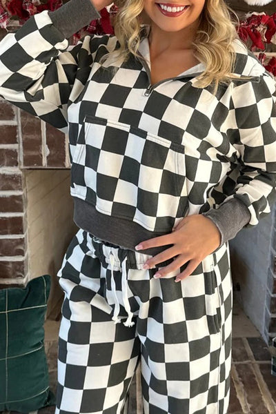 cozy women's gray checkered half zip hoodie trendy casual fashion with comfortable fit for everyday wear made for easy styling and wardrobe with
