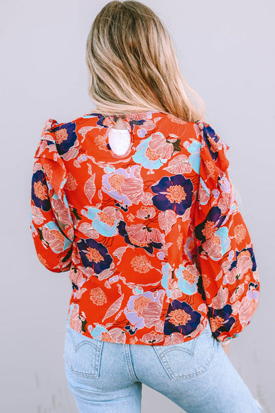 Women's Fiery Red Floral Ruffle Puff Sleeve Blouse - Chic Summer Top with Feminine Fit and Eye-Catching Design