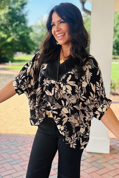 Women's Black Botanical Leaf Print Color Block V-Neck Dolman Blouse - Effortless Chic for Any Occasion