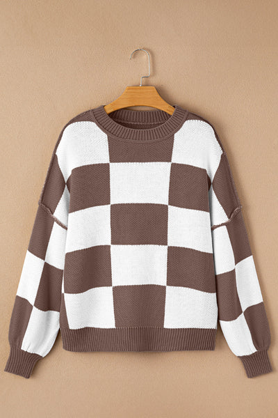 Chic Brown Checkered Sweater for Women - Cozy Knit Pullover with Relaxed Fit for Effortless Casual Style