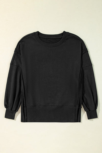 Women's Black Drop Shoulder Sweatshirt with Exposed Seams and Side Slits - Casual, Cozy Fit for Everyday Style