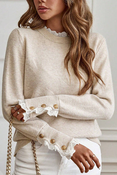 Cozy Women's Relaxed Fit Jet Stream Sweater with Lace Trim and Buttoned Cuffs for Effortless Chic Style