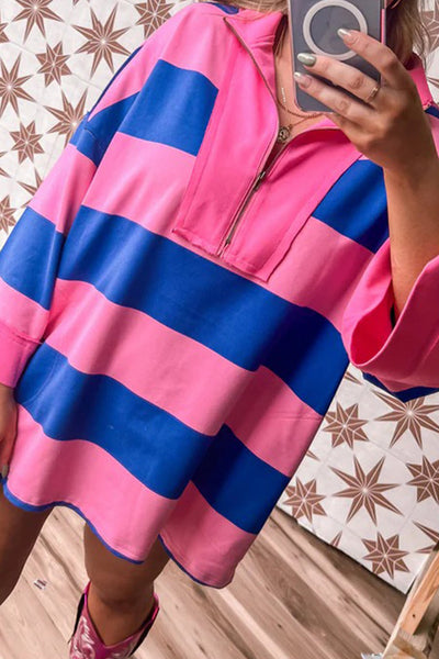 Casual Women's Pink Striped Color Block Mini Dress with 3/4 Sleeves and Zip Neck - Comfortable Loose Fit for Daily Style