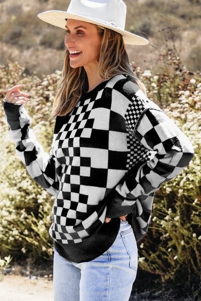 Cozy Women's Black Checkered Drop Shoulder Sweater with Round Neck Chic Knit for Effortless Everyday Style