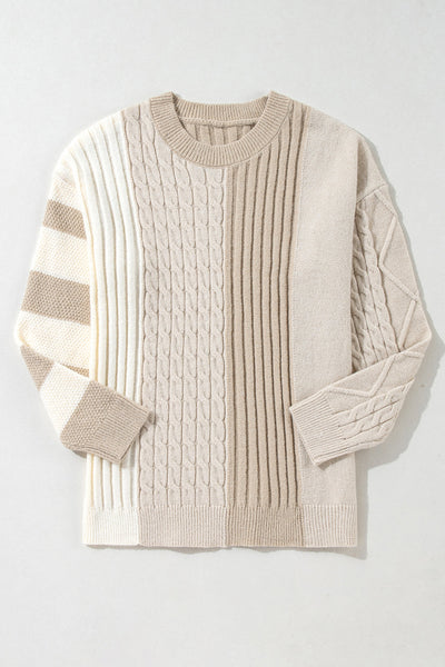 Women's Cozy Khaki Cable Knit Colorblock Sweater - Chic Drop Shoulder Crew Neck for Effortless Style and Comfort
