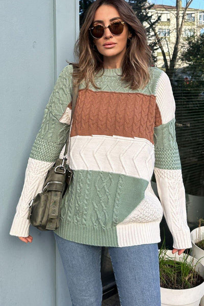 Cozy Women's Green Color Block Knit Sweater with Cable Texture - Relaxed Fit for Effortless Casual Style