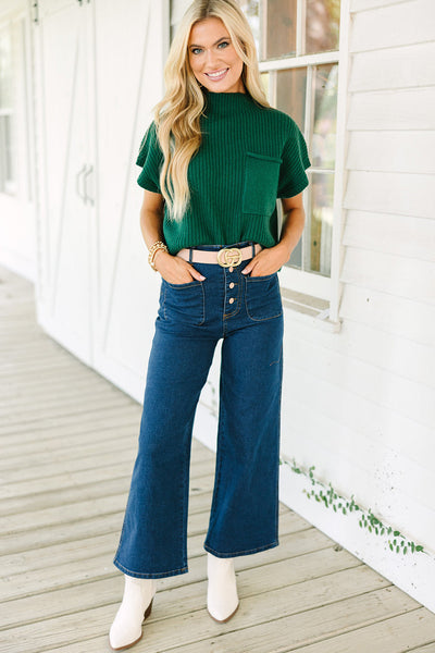 Women's Casual Blackish Green Ribbed Knit Sweater with Patch Pockets - Stylish Short Sleeve Top for Everyday Comfort