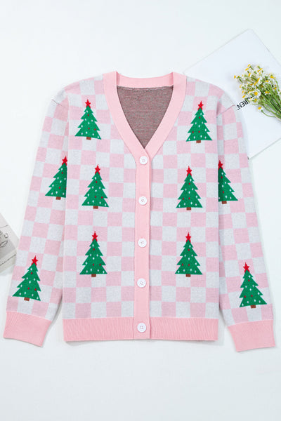 Cozy Women's Pink Checkered V-Neck Cardigan Sweater for Festive Holiday Outfits and Christmas Cheer