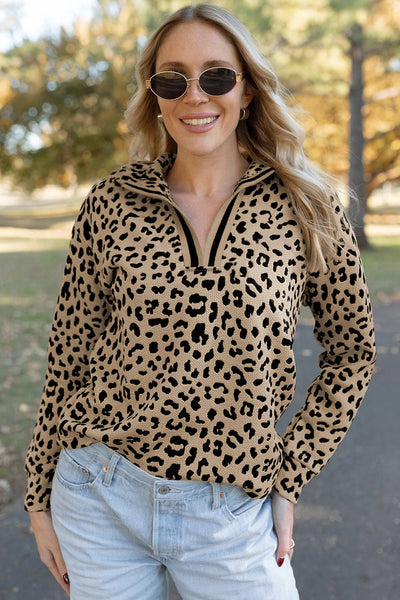 Women's Stylish Leopard Print V-Neck Polo Pullover Top in Parchment - Comfortable Casual Wear for Everyday Adventures