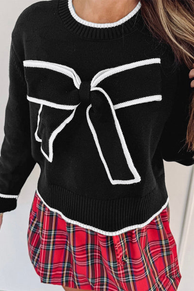 Women's Black Cropped Sweater with Bow Detail and Contrast Trim for Chic Holiday Style and Cozy Comfort