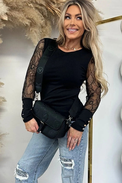 Elegant Women's Black Ribbed Knit Long Sleeve Top with Sheer Lace Accents and Round Neck for Chic Style