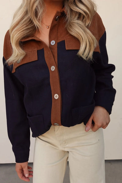 Chic Women's Color Block Corduroy Shacket with Button Flap - Stylish Fall Layering Essential in Vibrant Hues