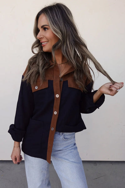 Chic Women's Color Block Corduroy Shacket with Button Flap - Stylish Fall Layering Essential in Vibrant Hues
