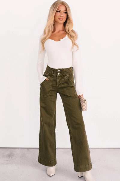 Women's Jungle Green Wide Leg Mica Denim Jeans - Effortlessly Chic Casual Fit for Everyday Style and Comfort