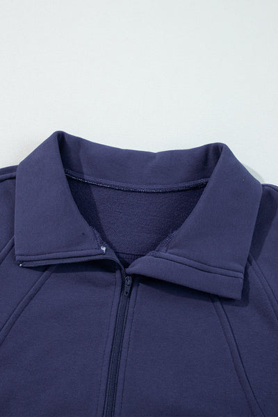 Cozy Women's Navy Blue Fleece-Lined Zip-Up Sweatshirt with Stand Collar & Thumbhole Sleeves for Ultimate Comfort