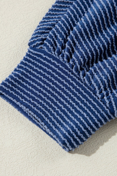Women‚Äôs Casual Chic Navy Blue Oversized Twist Ribbed Henley Top with Roll-Up Sleeves for Effortless Style