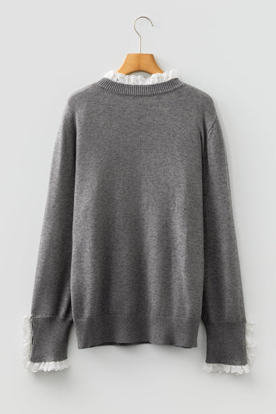 Women's Lace-Trim Knit Sweater with Buttoned Cuffs in Sleet Gray