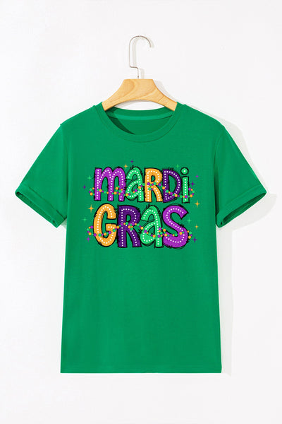 Women's Mardi Gras Festive Graphic Tee in Vibrant Green made for easy styling and wardrobe coordination, with premium-like structure and finish.
