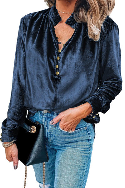 Navy Blue Velvet Top with Frilled Neck and Buttoned Front