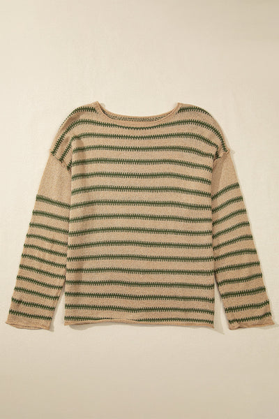 Women's Cozy Khaki Striped Drop Shoulder Sweater - Casual Chic Style for Everyday Comfort and Versatile Wear
